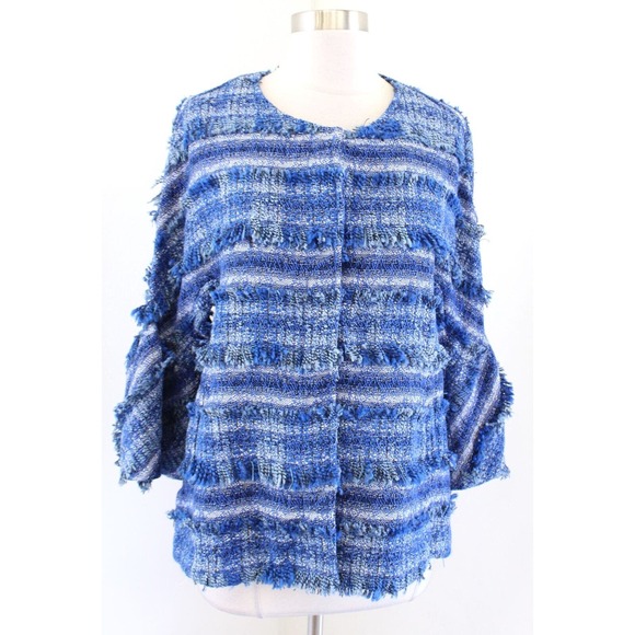 NWT J McLaughlin Linden Blue Striped Tweed Fringe Bell Sleeve Jacket Size L - Picture 1 of 10